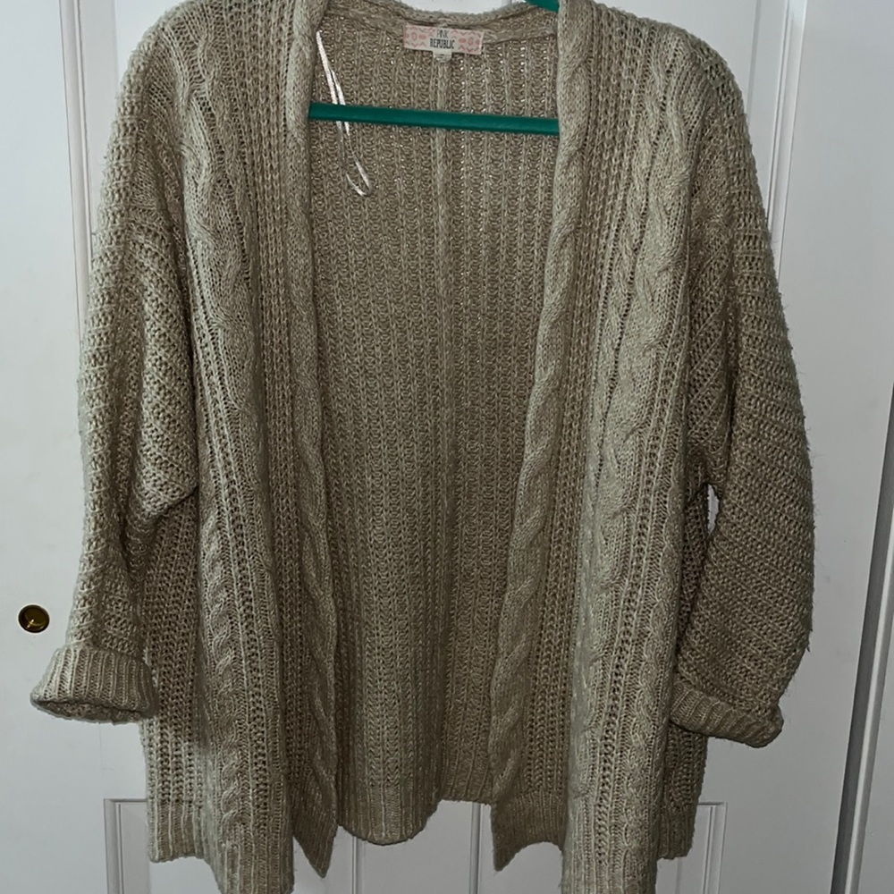 Medium chunky sweater cardigan tan gently worn very warm